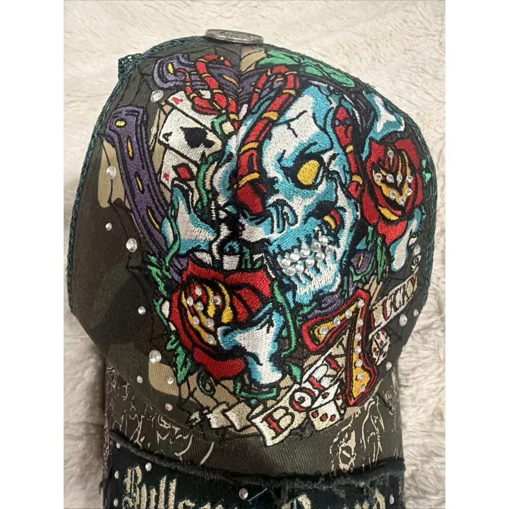 Bullseye Brand Camo Skull Roses Born Lucky Embroidered Hat Rhinestone Biker Y2K